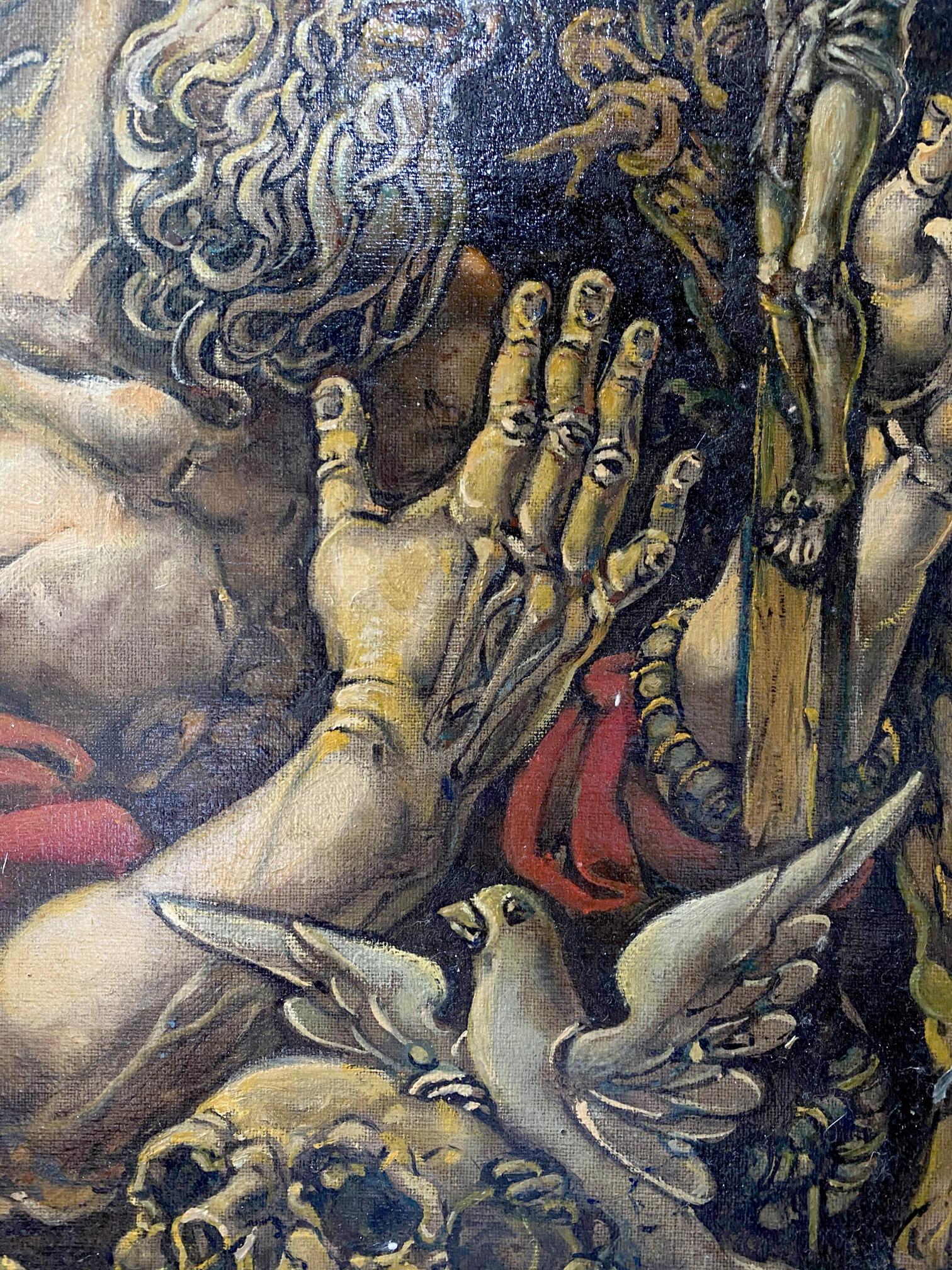 Oil painting by Oleg Arkad’yevich Litvinov: hand with elongated fingers on dark swirling background