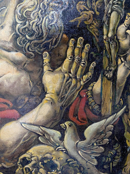 Oil painting by Oleg Arkad’yevich Litvinov: hand with elongated fingers on dark swirling background