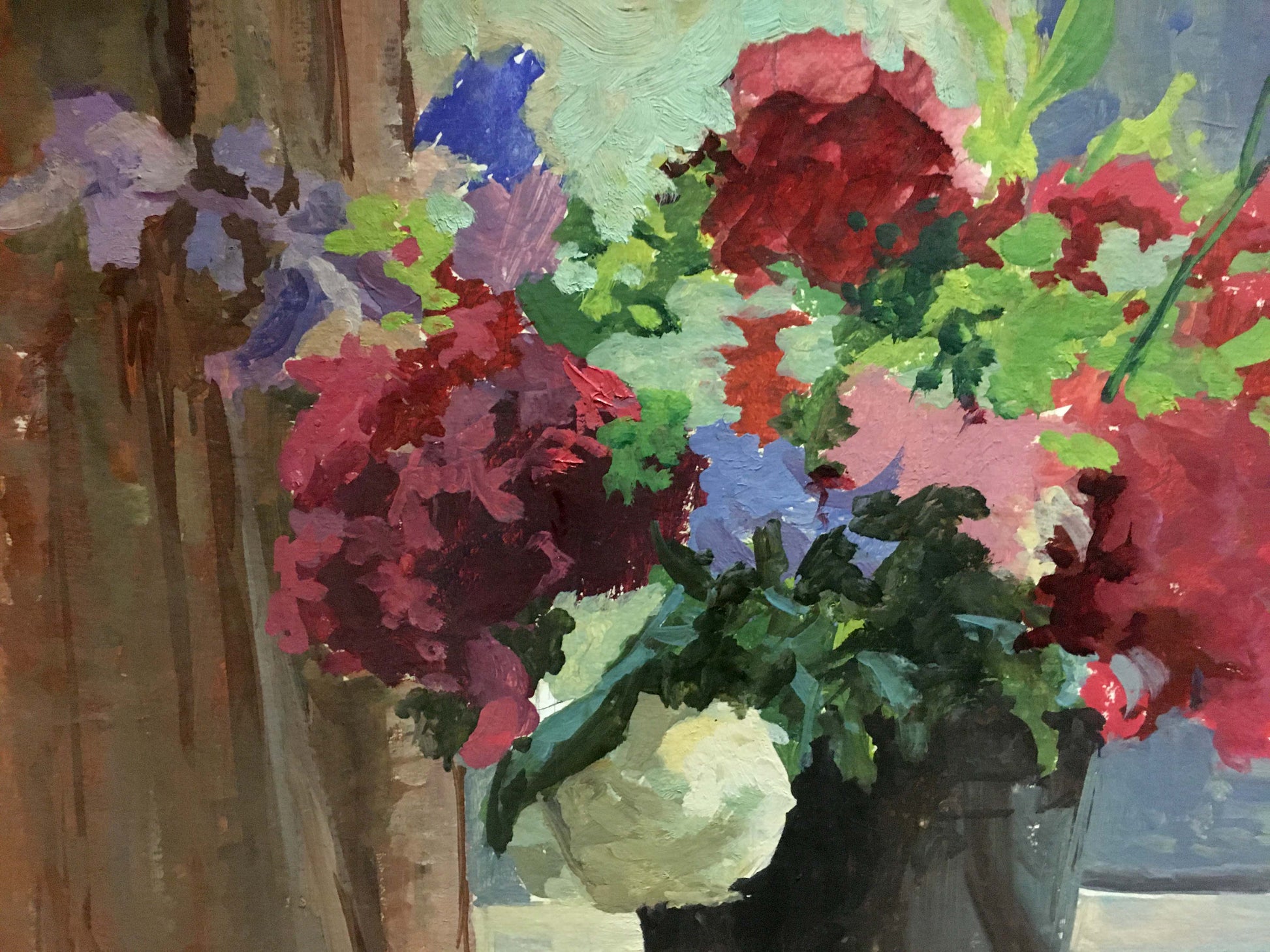 Vibrant impressionistic oil painting of lush flowers in dark vase by Korostelev Vladimir Alexandrovich