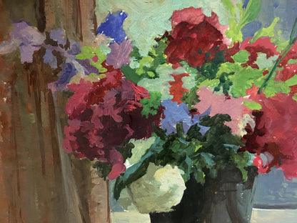 Vibrant impressionistic oil painting of lush flowers in dark vase by Korostelev Vladimir Alexandrovich
