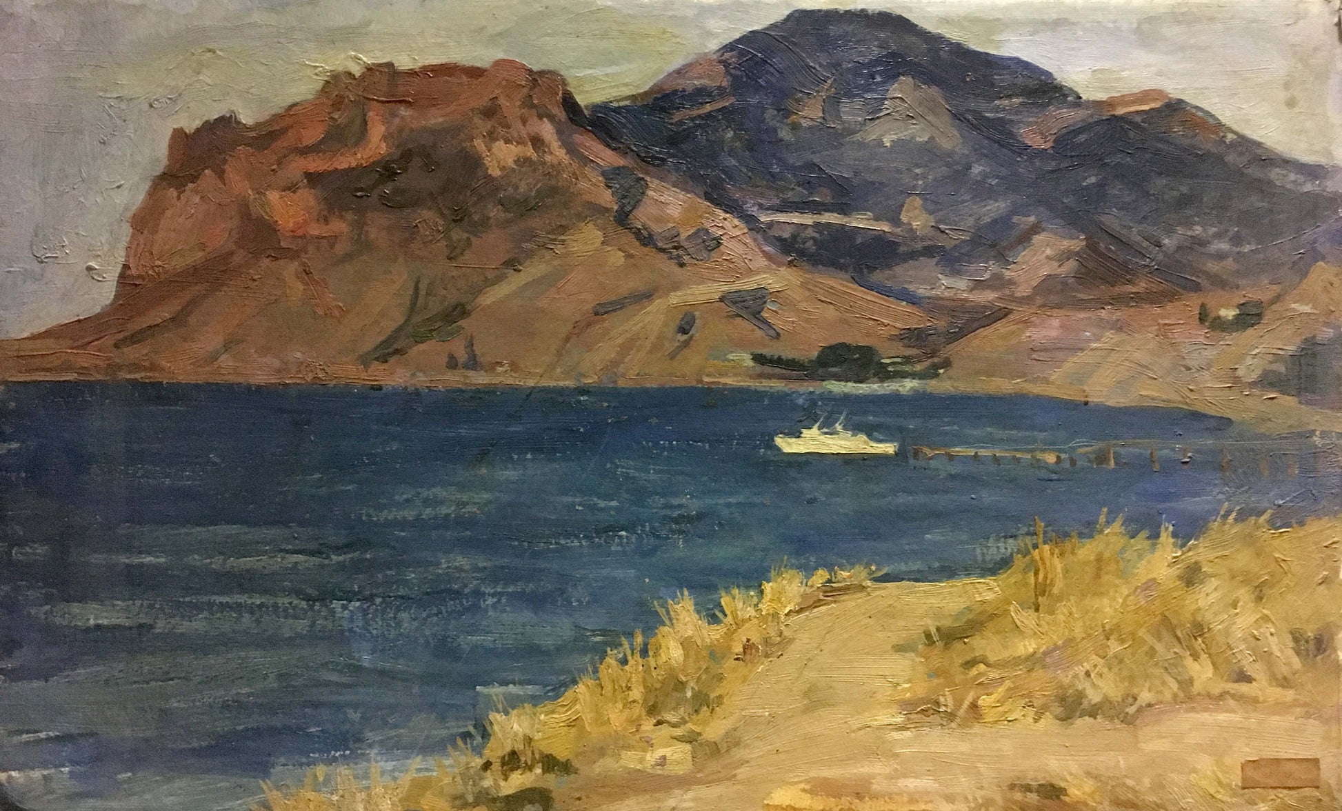 Oil painting by Maksimushkina Vera Alexandrovna: small white boat on deep blue water near rugged mountains