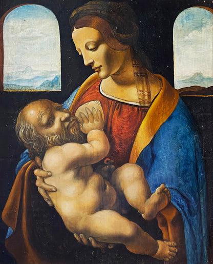 Serene Virgin Mary oil painting by Leonardo Litvinov in blue robe