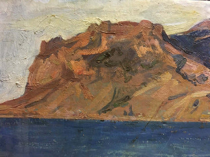 Oil painting by Maksimushkina Vera Alexandrovna of rugged reddish-brown cliffside and deep blue water