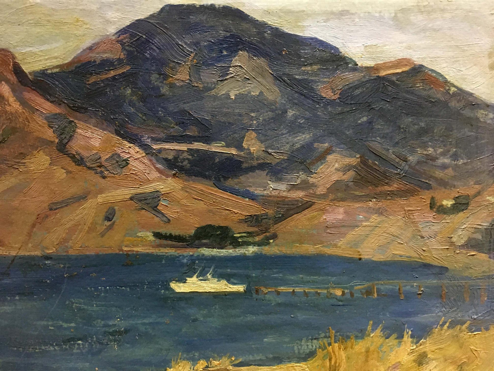 Oil painting by Maksimushkina Vera Alexandrovna of white ship sailing blue water under rugged mountains