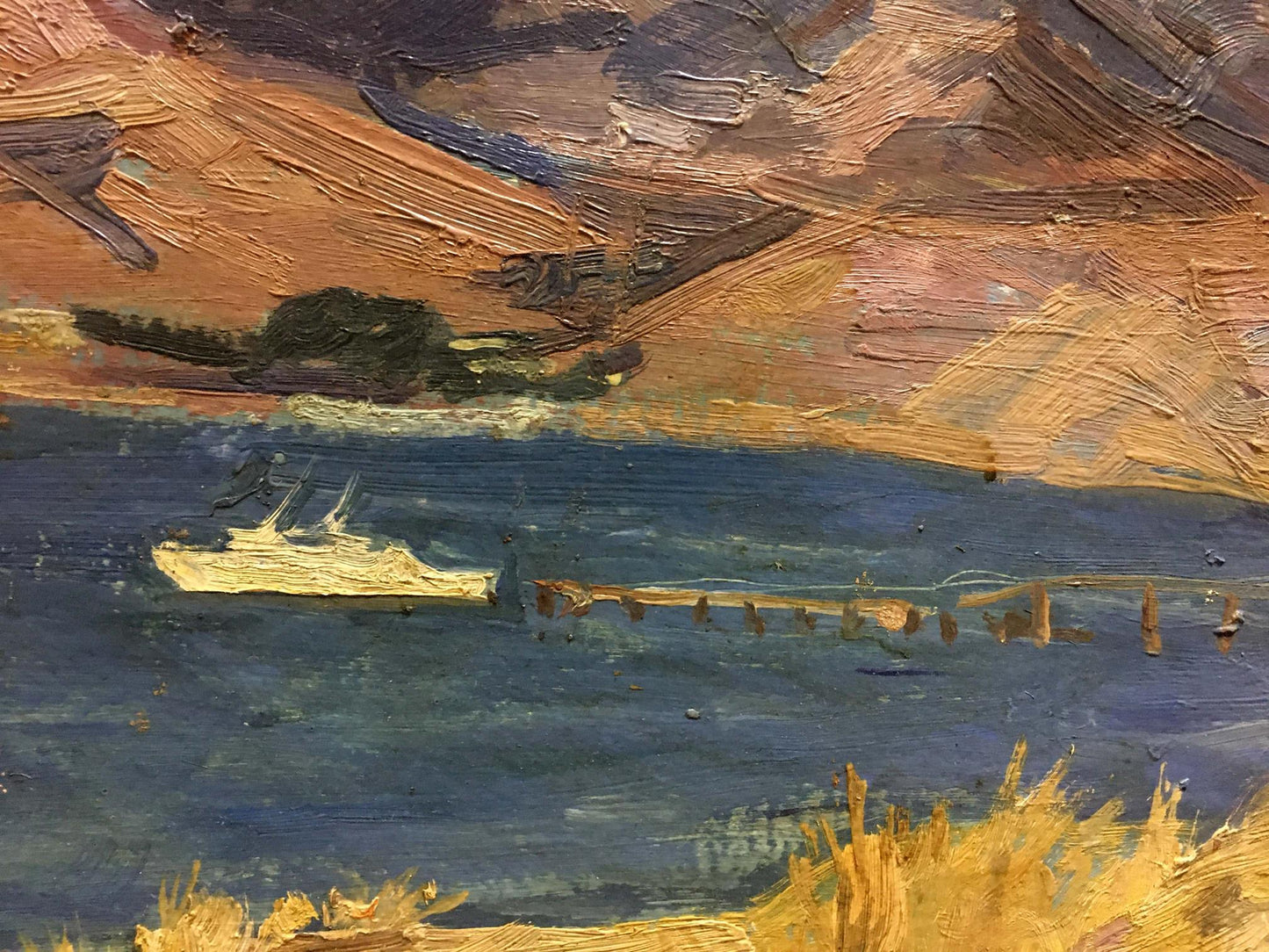 Oil painting by Maksimushkina Vera Alexandrovna: white sailboat on blue water, orange hills