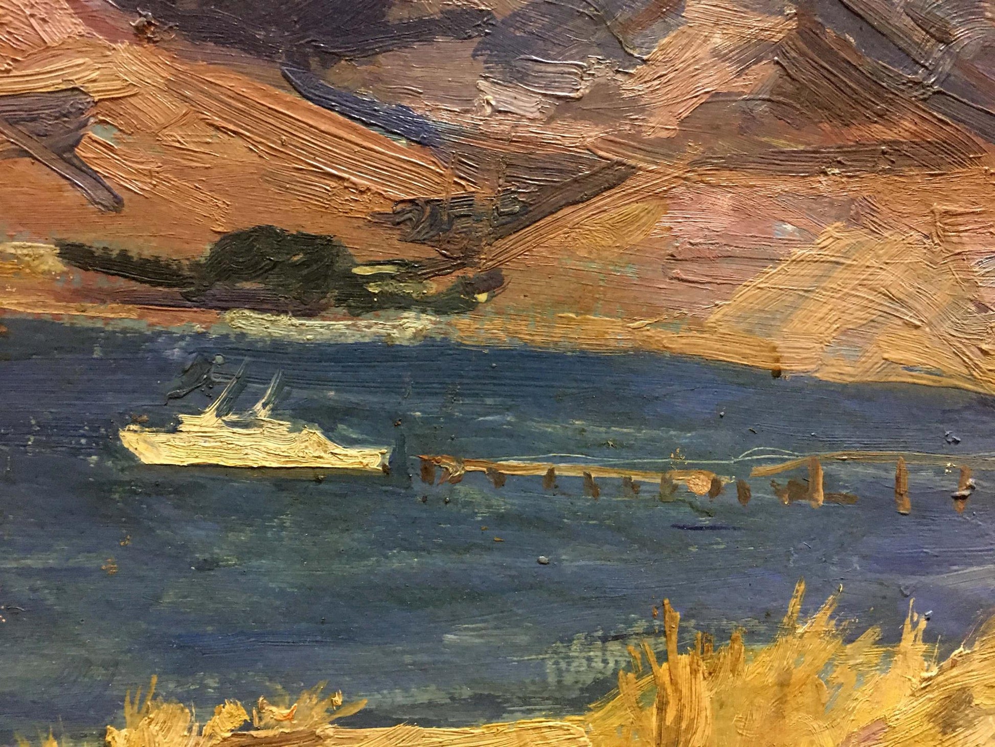 Oil painting by Maksimushkina Vera Alexandrovna: white sailboat on blue water, orange hills