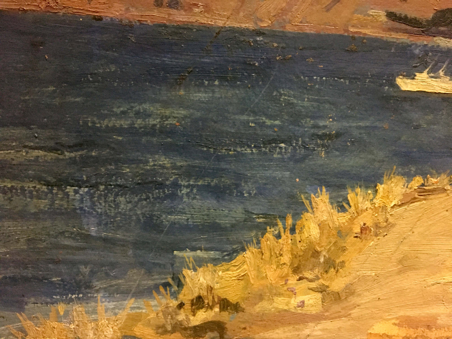 Oil painting landscape by Maksimushkina Vera Alexandrovna: dark blue water and golden grasses