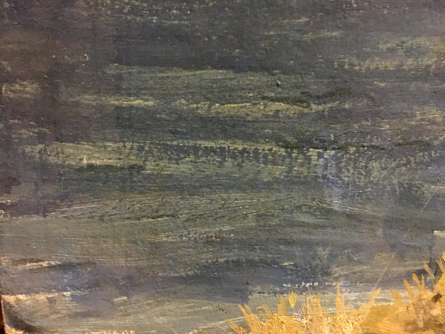 Oil painting landscape by Maksimushkina Vera Alexandrovna with textured dark greens, grays and gold accents