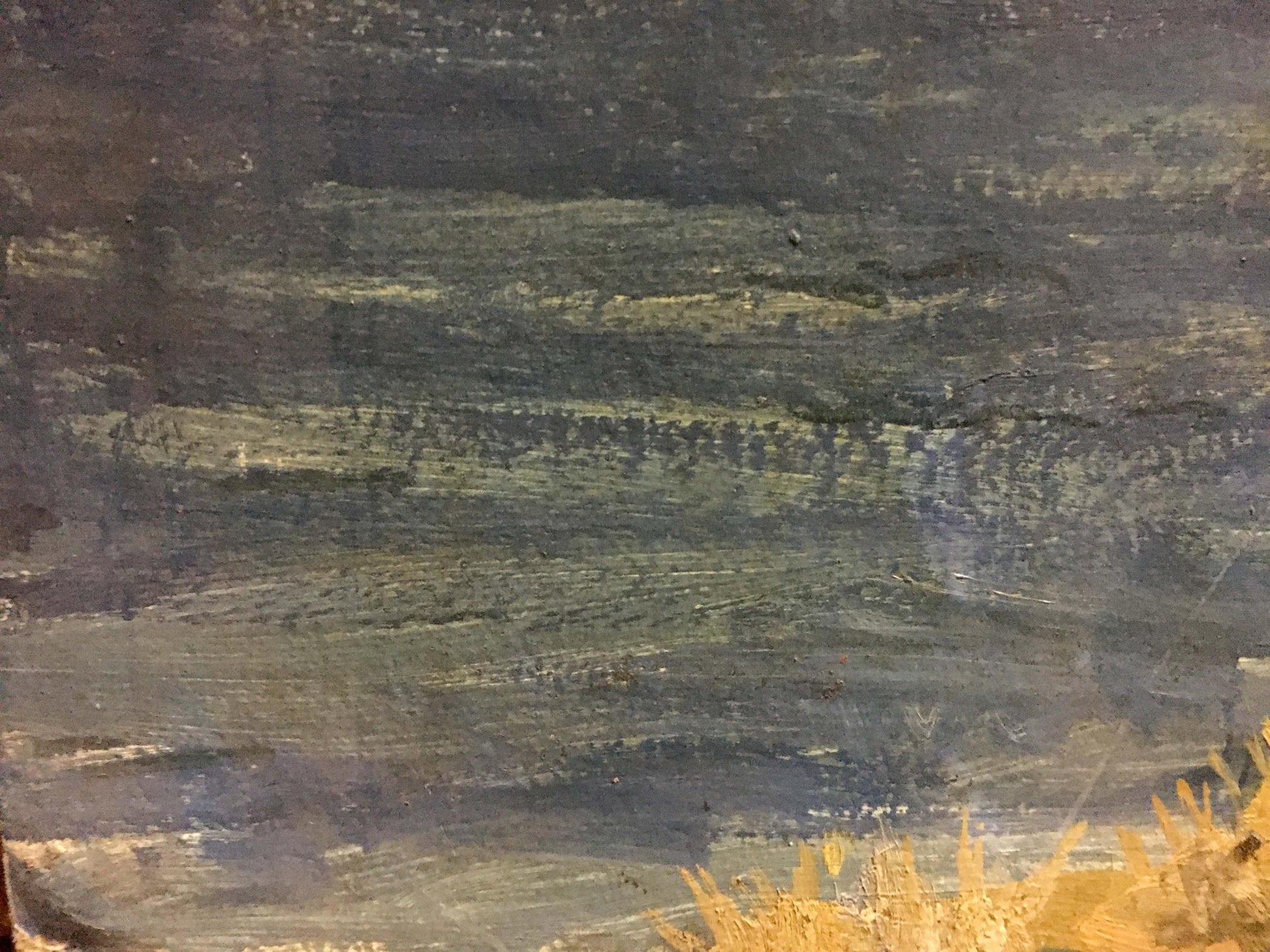 Oil painting landscape by Maksimushkina Vera Alexandrovna with textured dark greens, grays and gold accents