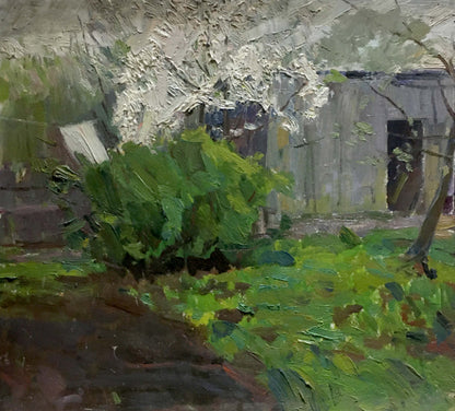 Oil painting Lonely House by Les Vladimir Stepanovich, rustic garden scene