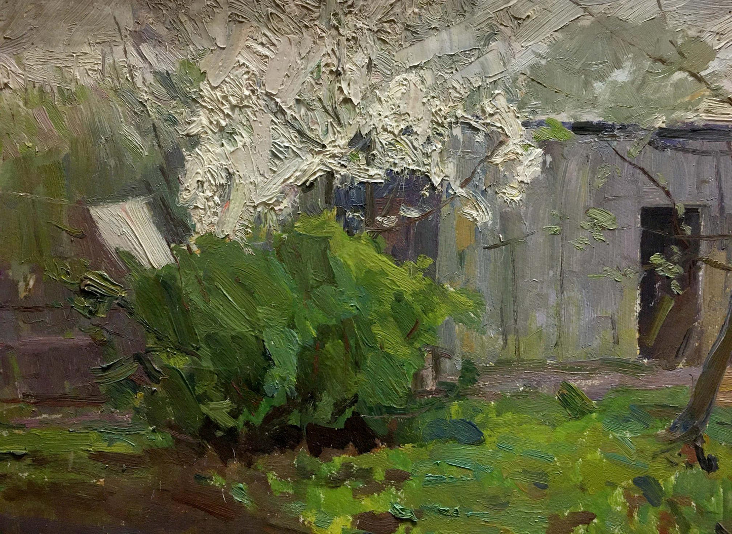 Oil painting Lonely House by Les Vladimir Stepanovich, textured gray shed in foliage