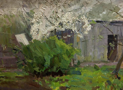 Oil painting Lonely House by Les Vladimir Stepanovich, textured gray shed in foliage