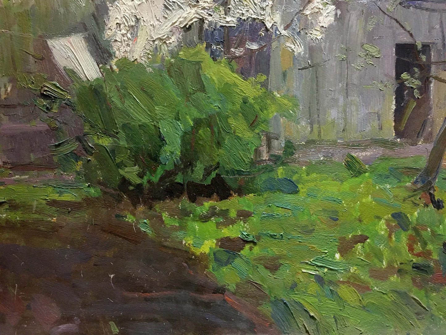 Oil painting of vibrant green bush and lonely house by Les Vladimir Stepanovich