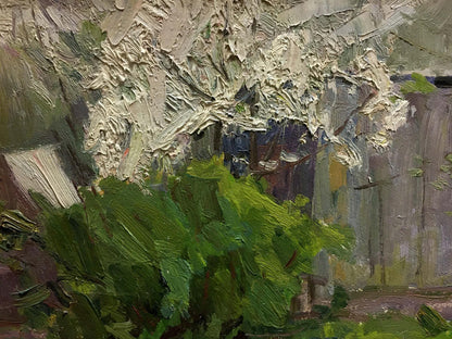Oil painting Lonely House Les Vladimir Stepanovich with green foliage and weathered wall