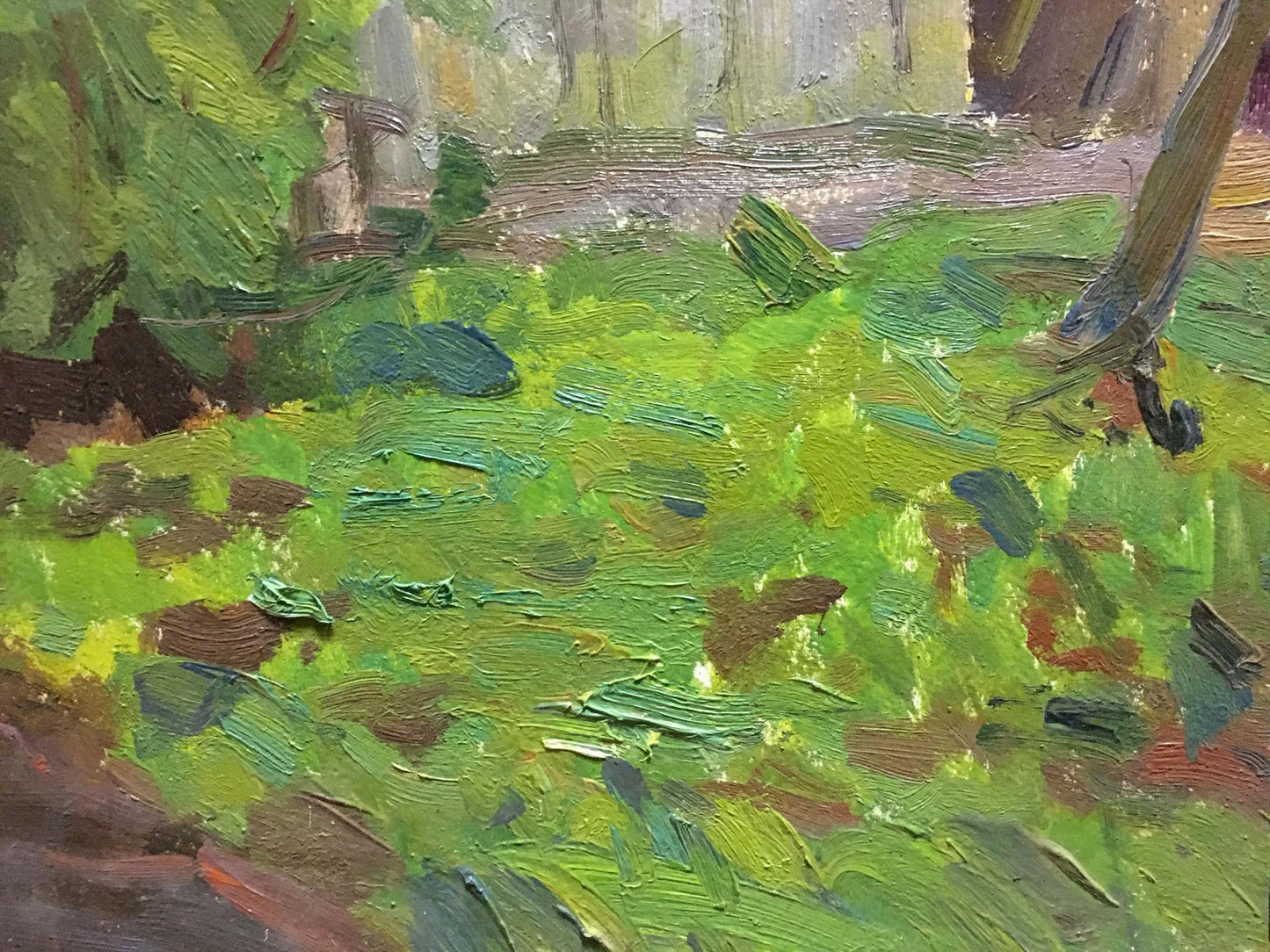 Vibrant green oil painting of lonely forest house by Les Vladimir Stepanovich