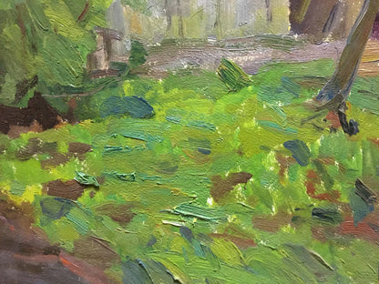 Vibrant green oil painting of lonely forest house by Les Vladimir Stepanovich