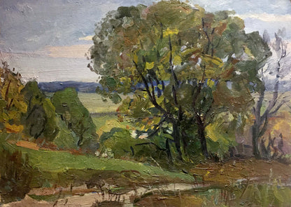 Textured oil painting of old big tree in lush green landscape under cloudy sky