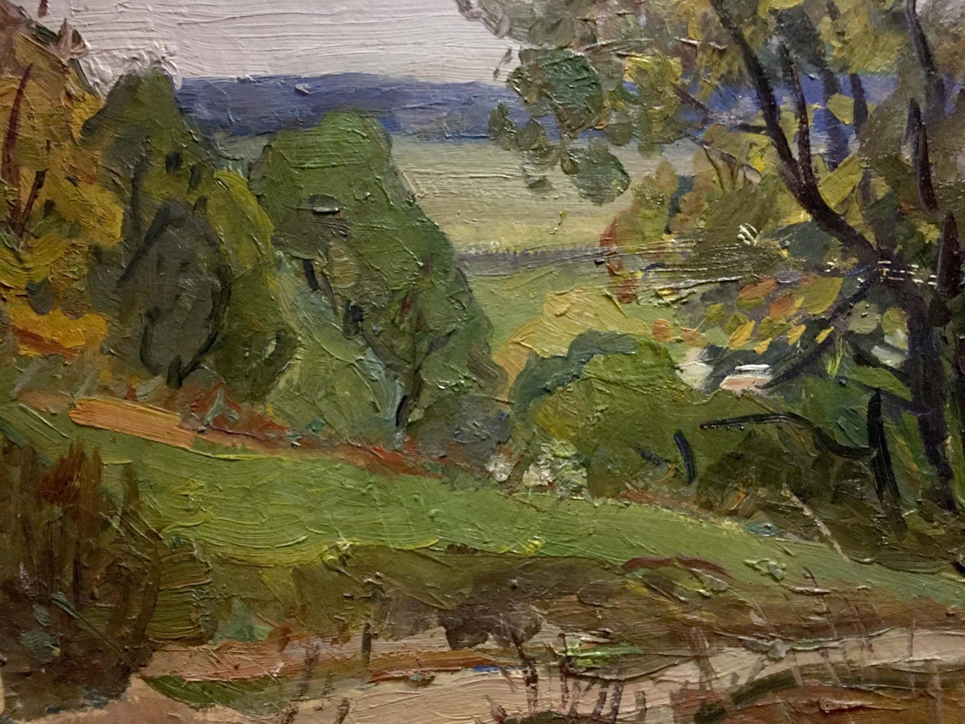Oil painting of old big tree in lush green landscape with hills