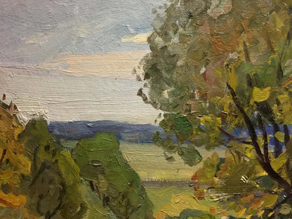 Impressionistic oil painting of old big tree with textured green foliage and soft sky
