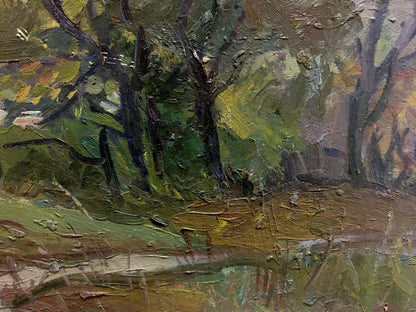Impasto oil painting of old big tree in forest, thick green ochre strokes