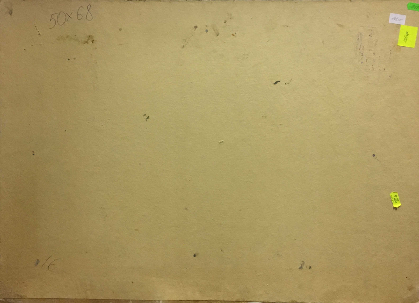 Back of oil painting Old big tree with beige cardboard handwritten dimensions and adhesive notes