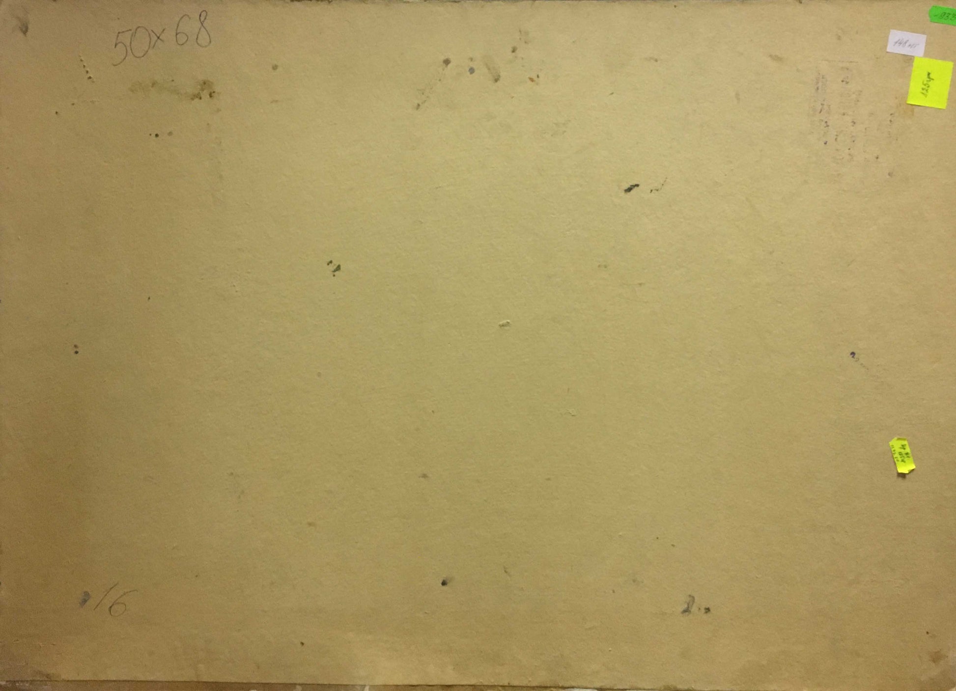 Back of oil painting Old big tree with beige cardboard handwritten dimensions and adhesive notes