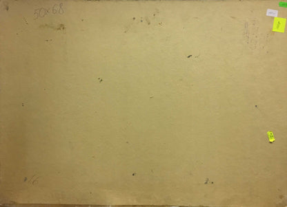 Back of oil painting Old big tree with beige cardboard handwritten dimensions and adhesive notes