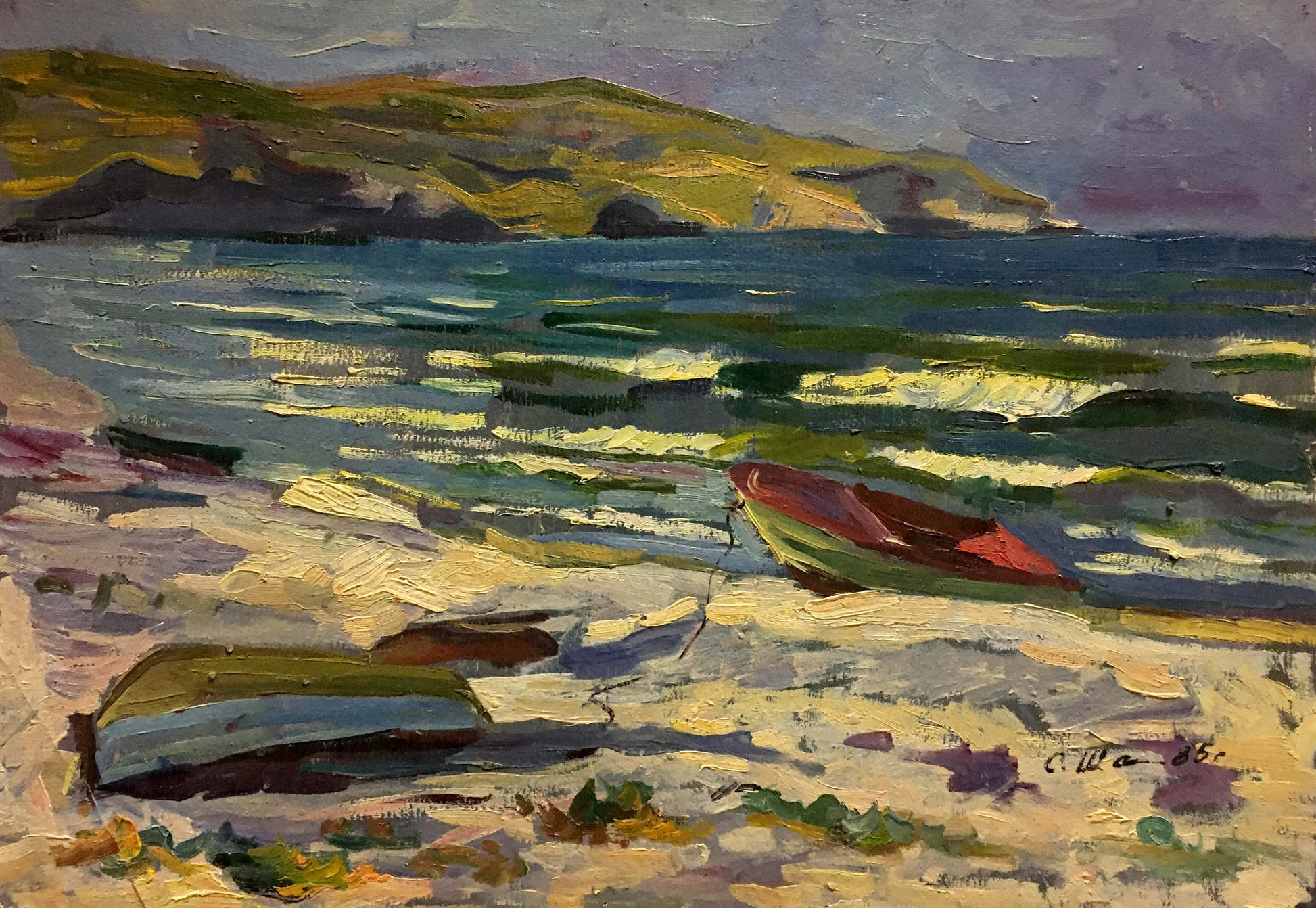 Vibrant impressionist oil painting by Shapovalov Sergey Gavrilovich: red green rowboat on sunlit beach