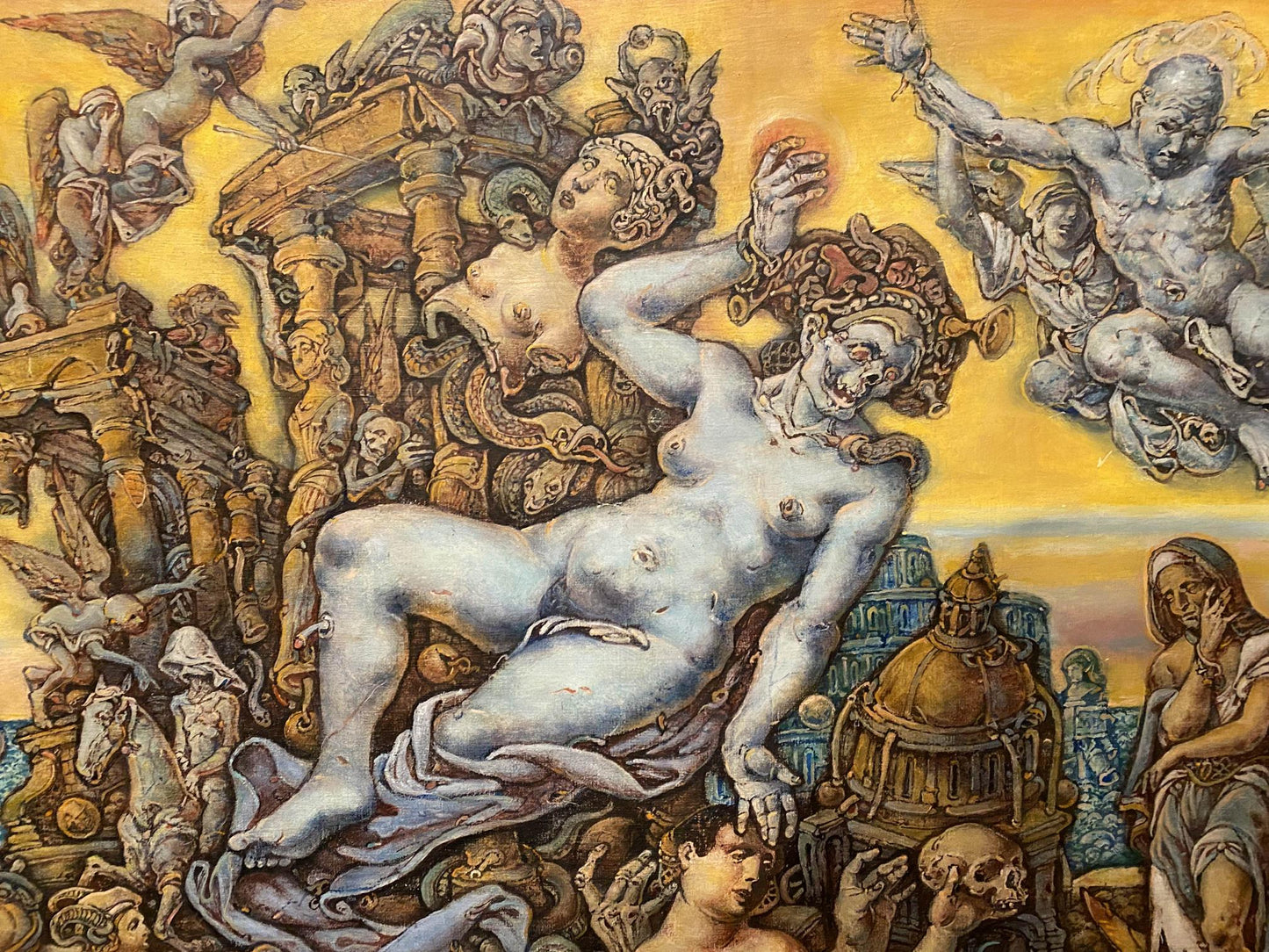 Surreal pale blue nude in chaotic ornate oil painting by Litvinov Oleg Arkad’yevich