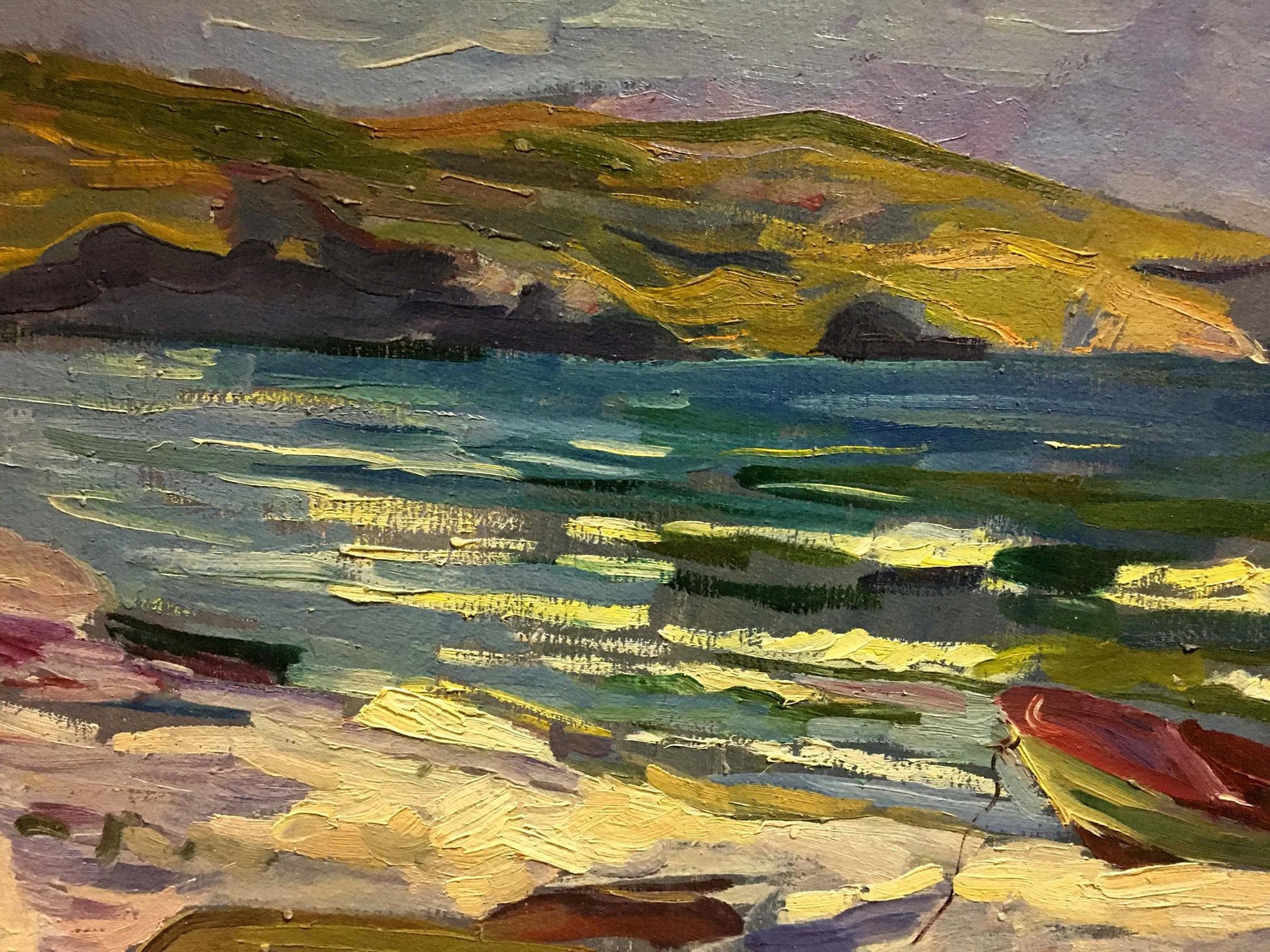 Vibrant impressionist oil painting by Shapovalov Sergey Gavrilovich: seaside hills, boat