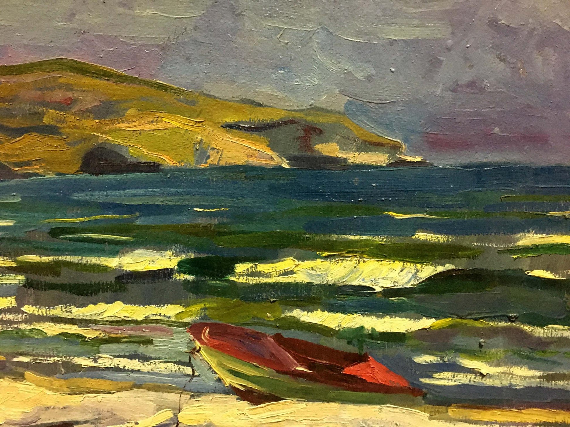 Vibrant red and green rowboat on sunlit shoreline by Shapovalov Sergey Gavrilovich oil painting