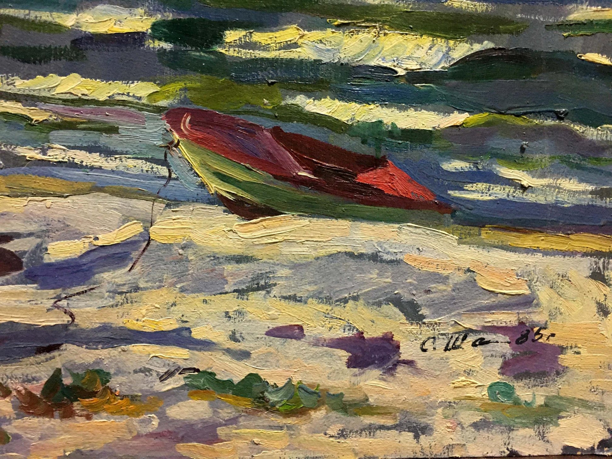 Vibrant red green rowboat on impressionistic shoreline by Shapovalov Sergey Gavrilovich oil painting