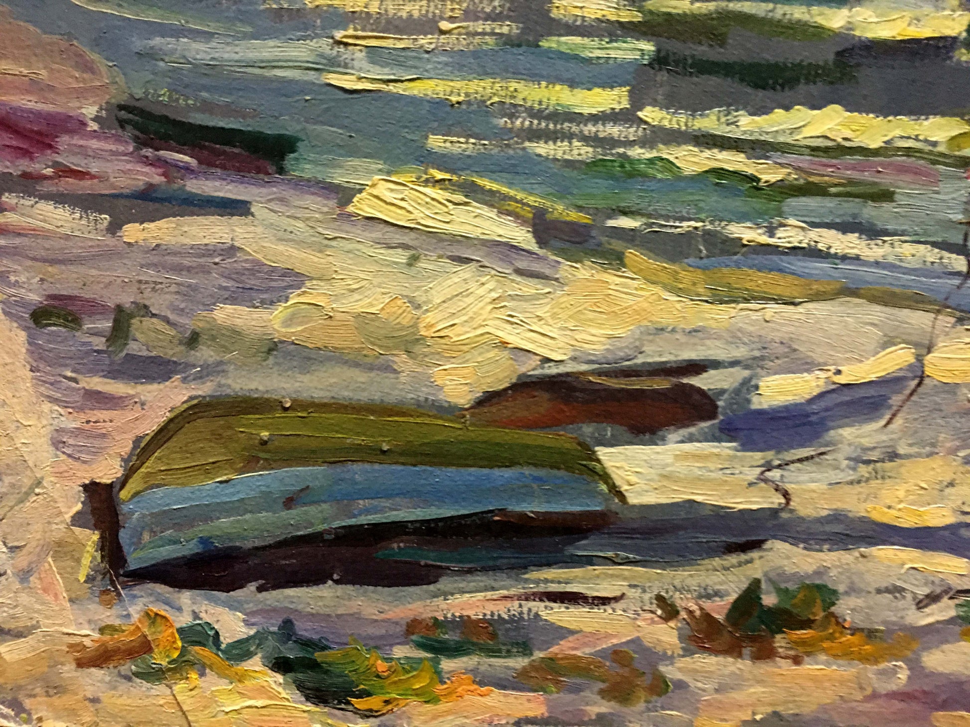 Oil painting by Shapovalov Sergey Gavrilovich: striped rowboat on textured beach
