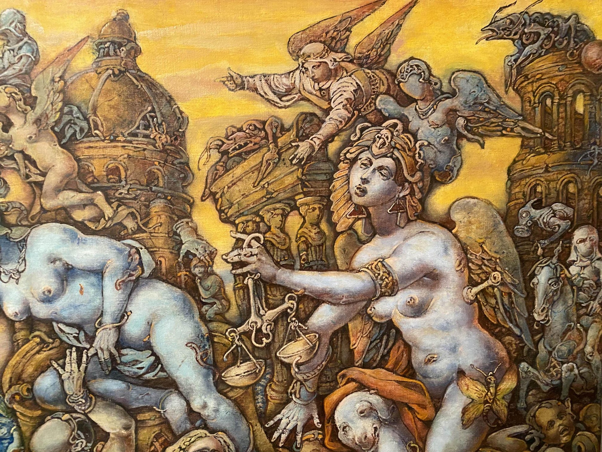 Surreal nude winged female with golden scales oil painting by Litvinov Oleg Arkad’yevich