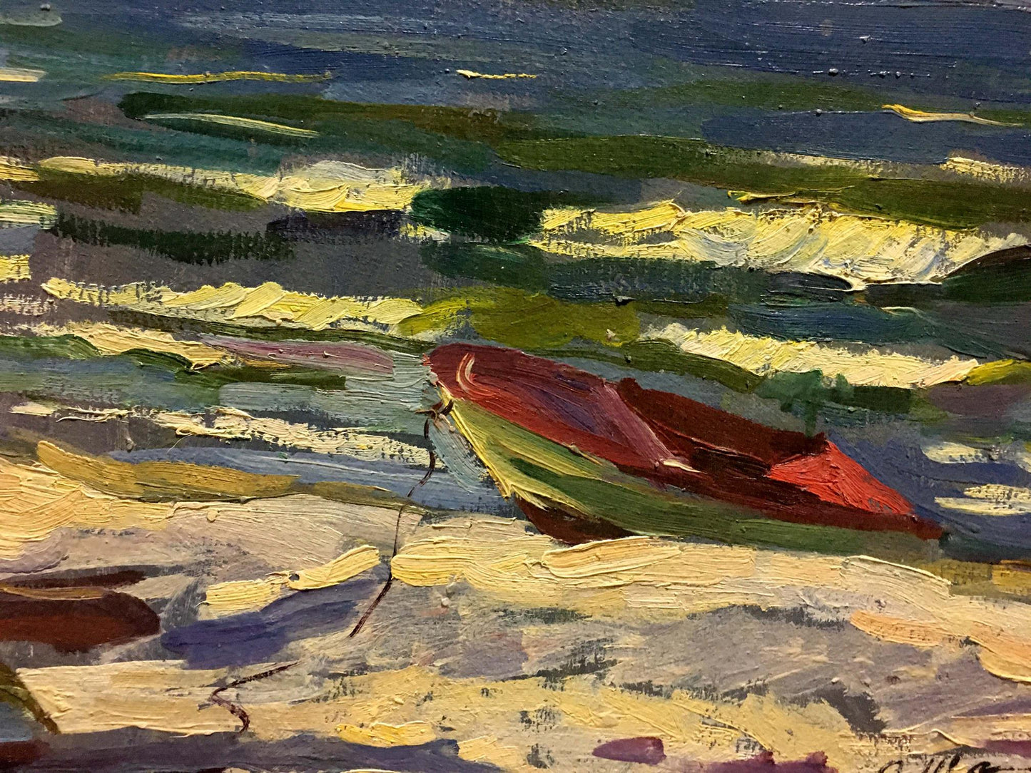 Vibrant red green rowboat on impressionistic shoreline by Shapovalov Sergey Gavrilovich oil painting