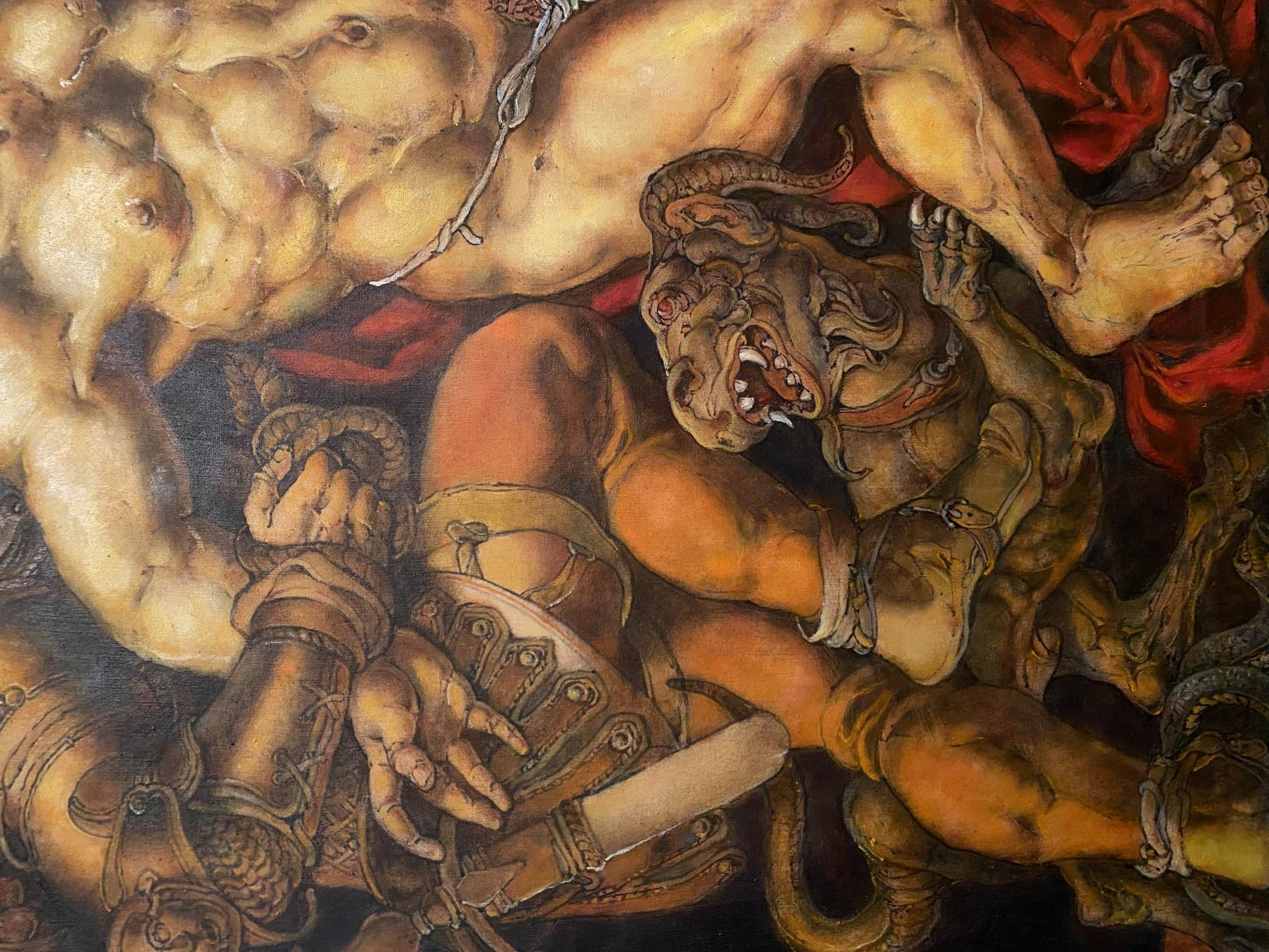 Oil painting of muscular nude Samson battling horned demon by Oleg Litvinov