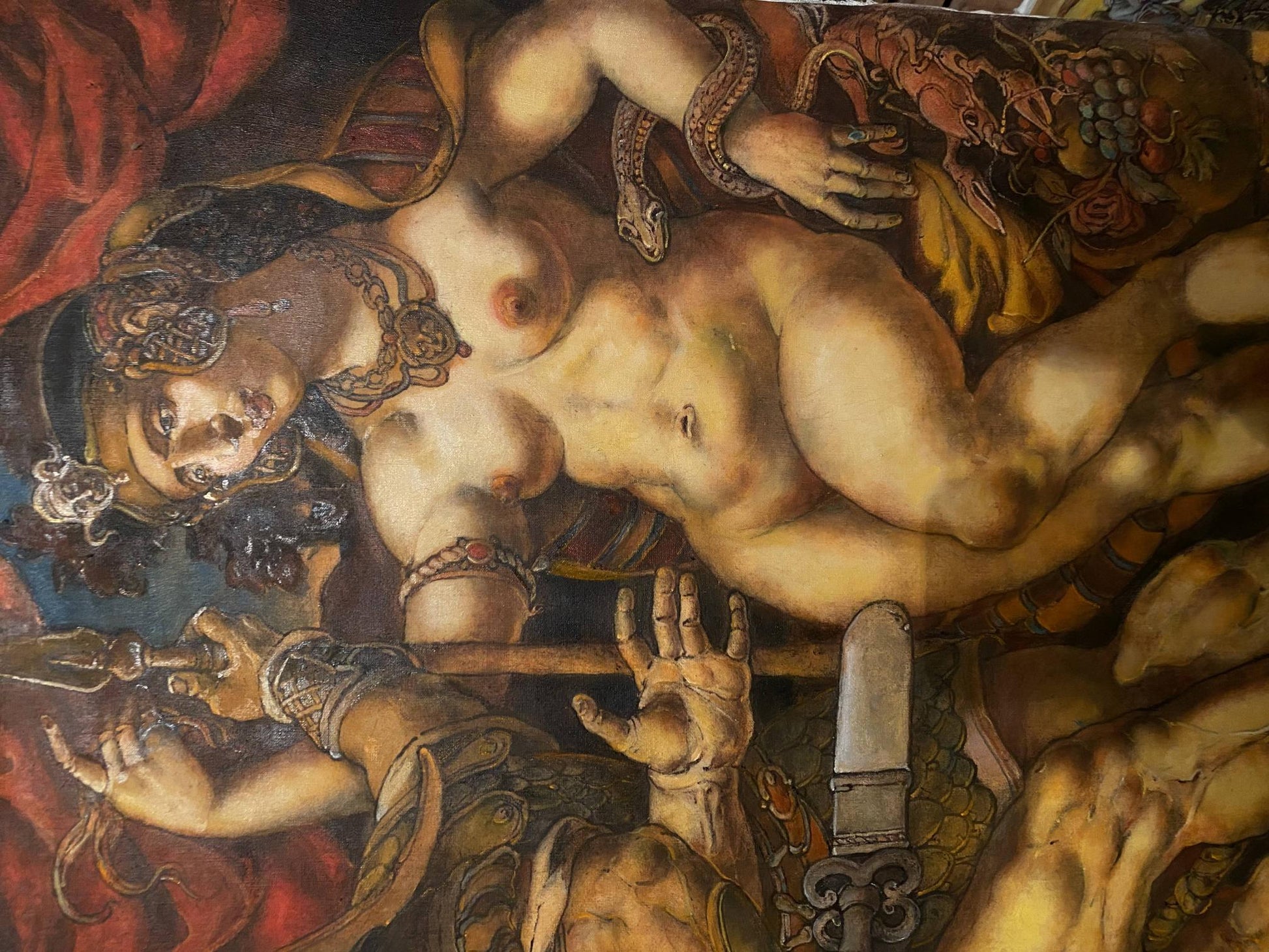 Oil painting of Samson and Delilah by Oleg Litvinov, nude figure in red fabric