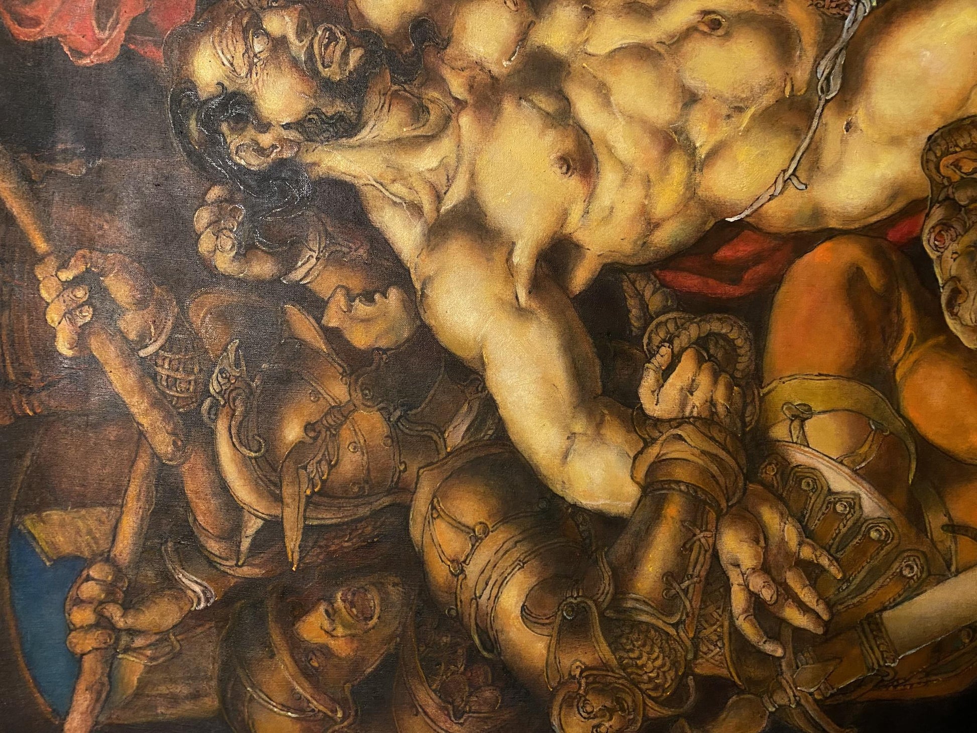 Muscular nude Samson in dynamic battle pose, oil painting by Oleg Litvinov