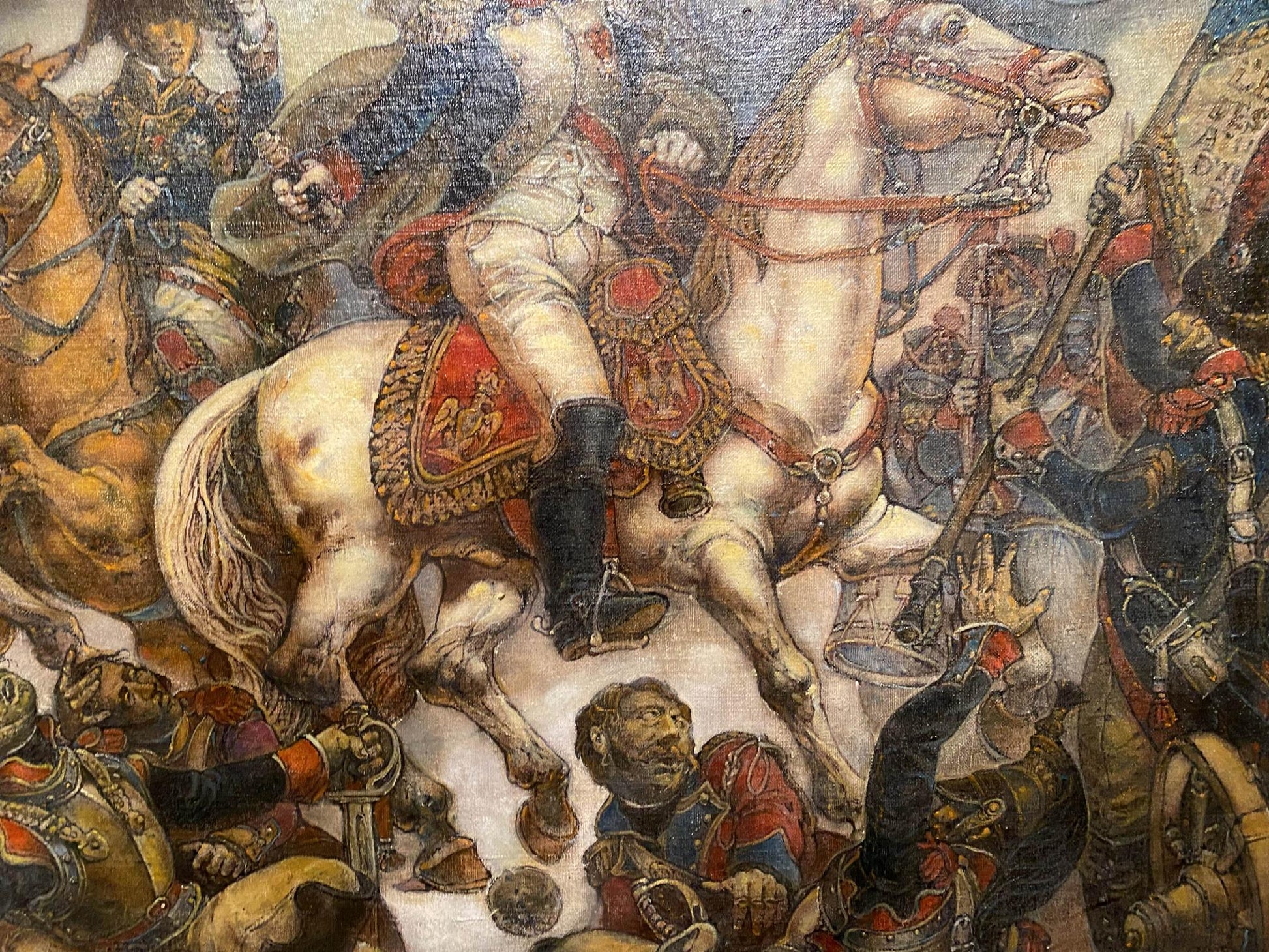 Oil painting of Napoleon at Wagram by Litvinov Oleg Arkadyevich: white horse with ornate red gold saddle cloth, soldier in dark boots