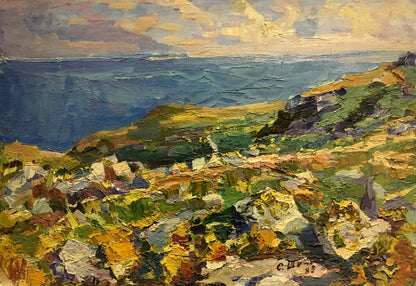Impressionistic oil painting by Shapovalov Sergey Gavrilovich of coastal hills and sea