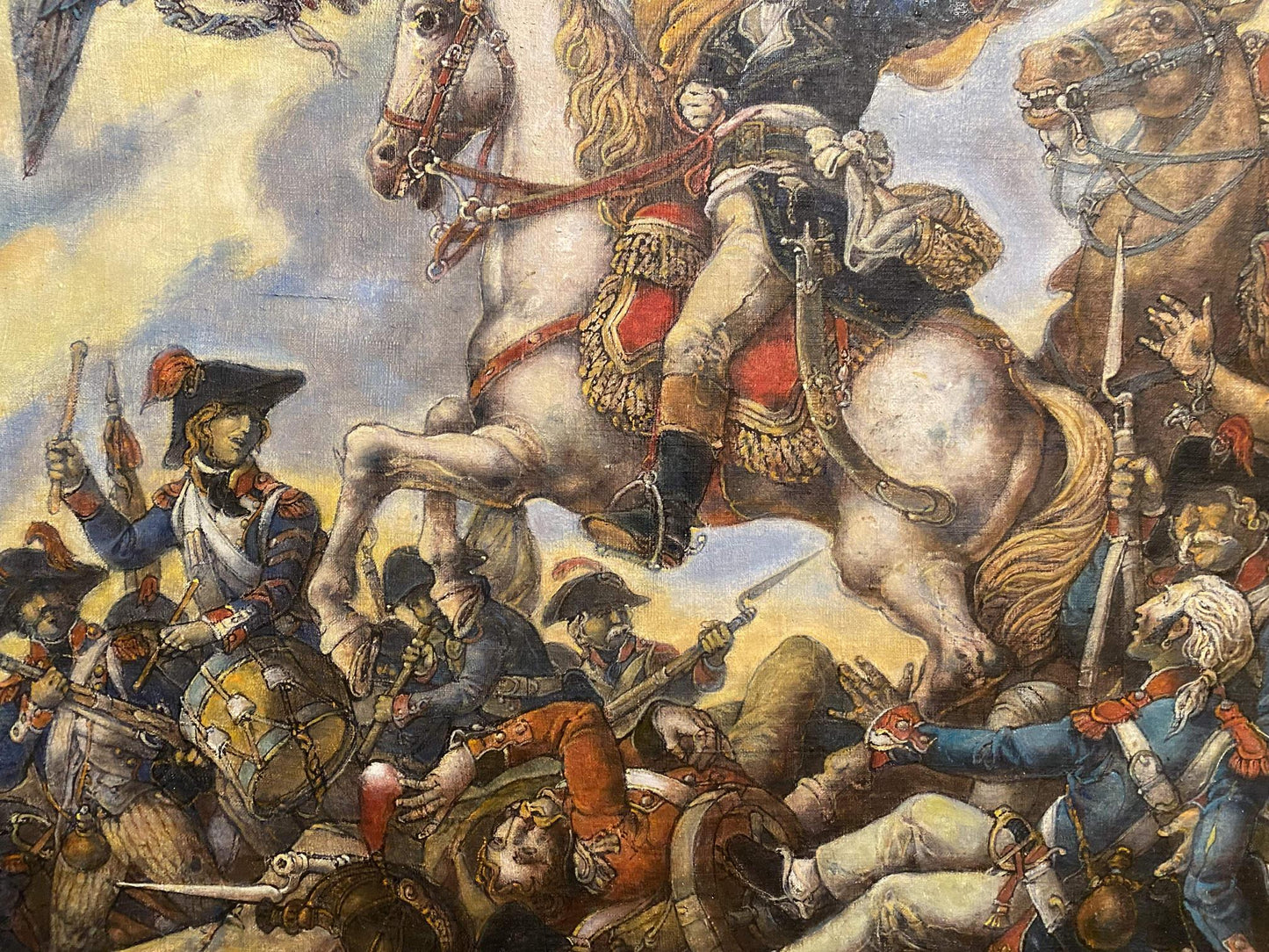 Oil painting of Napoleon in Egypt by Litvinov: white horse with golden mane, blue soldier
