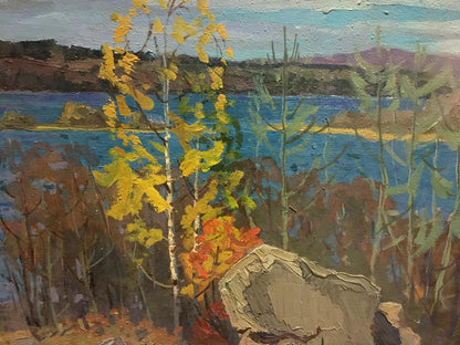 Oil painting by Korostelev Vladimir Alexandrovich: textured autumn lakeside foliage