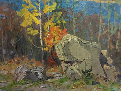 Oil painting by the river Korostelev Vladimir Alexandrovich textured olive-green rock in forest