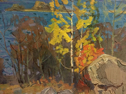 Oil painting by Korostelev Vladimir Alexandrovich: autumn trees by rocky river shore