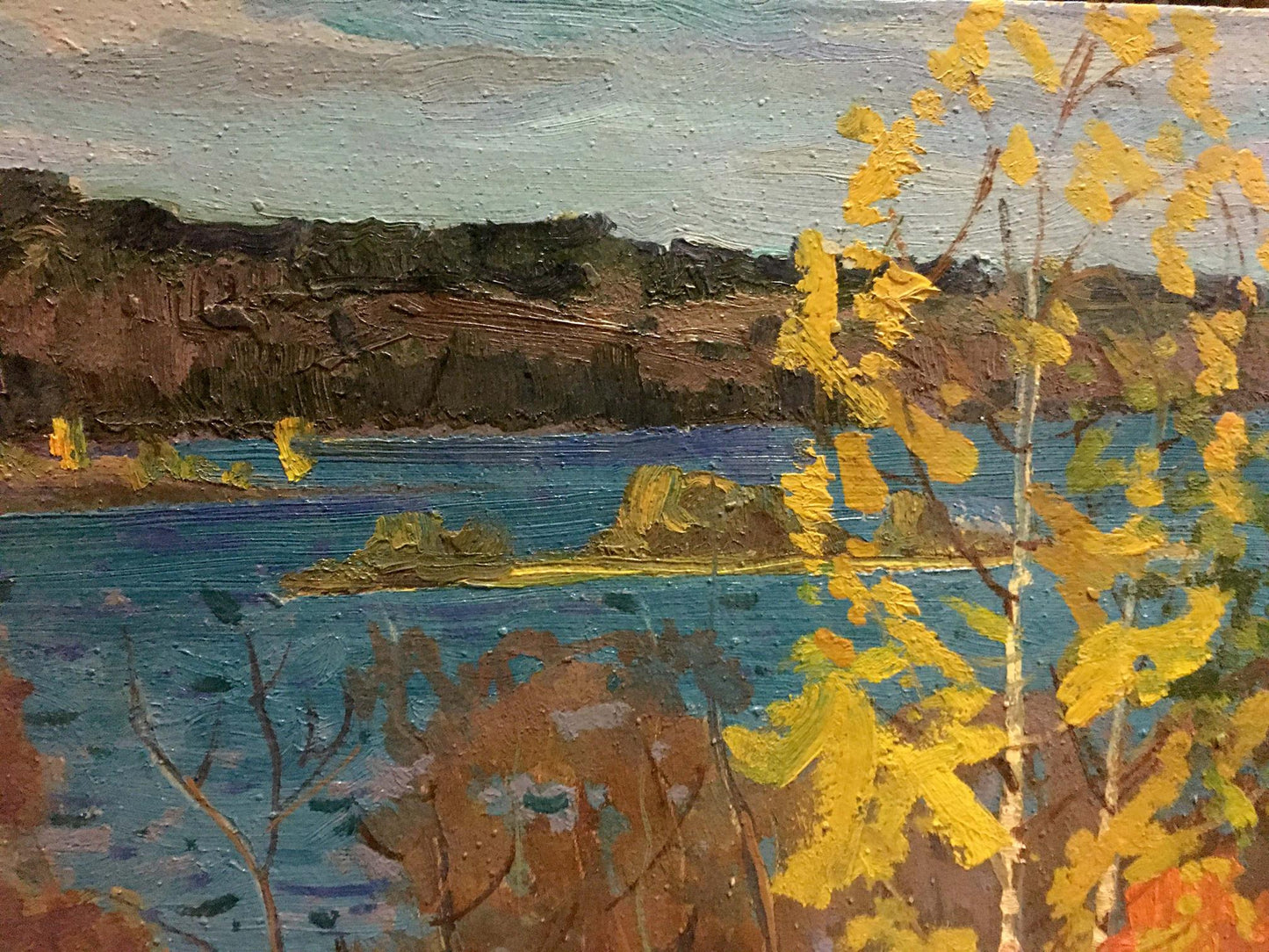 Oil painting by Korostelev Vladimir Alexandrovich: serene lakeside autumn scene