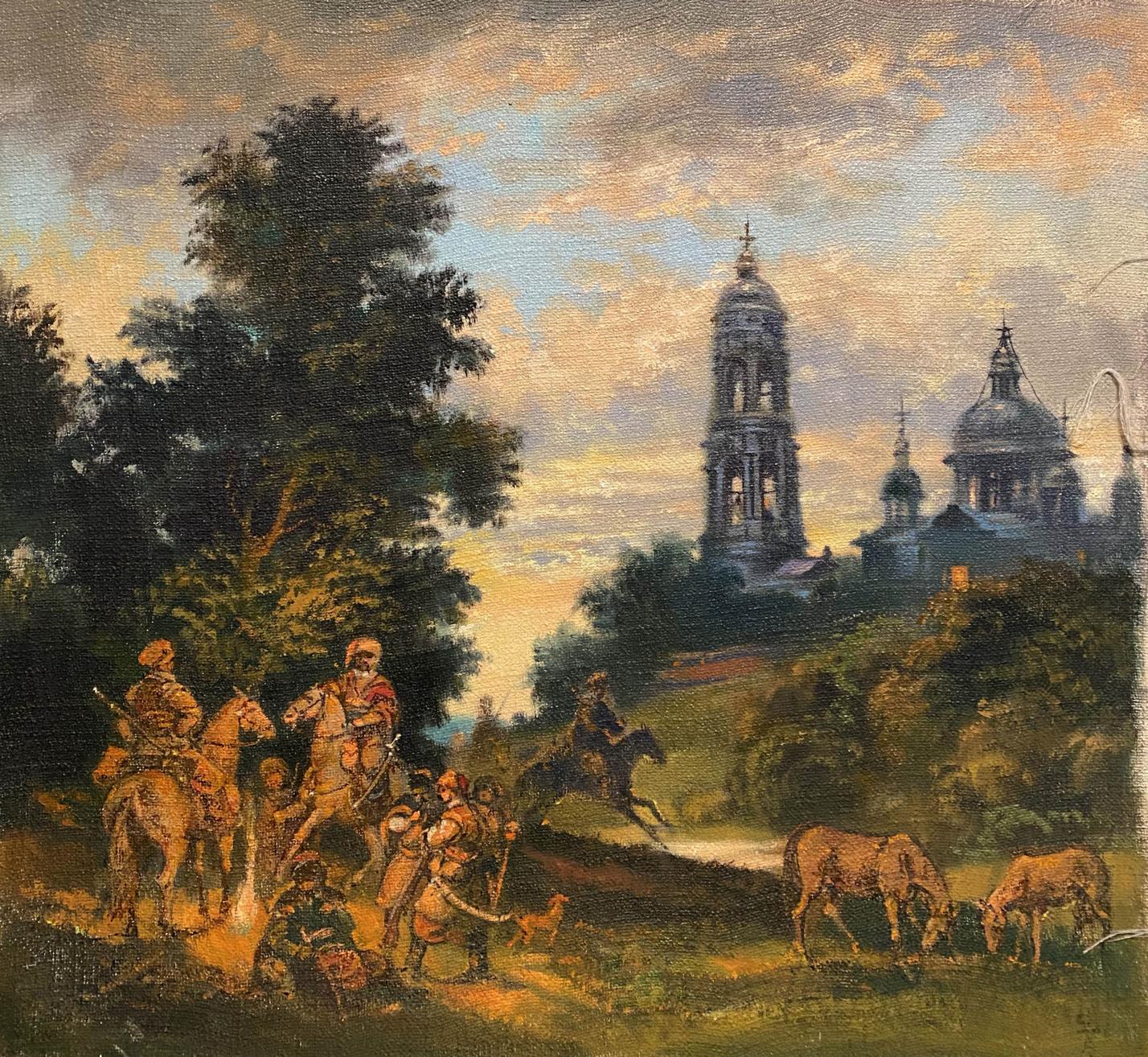 Oil painting Cossacks at the monastery by Litvinov, pastoral riders and cattle