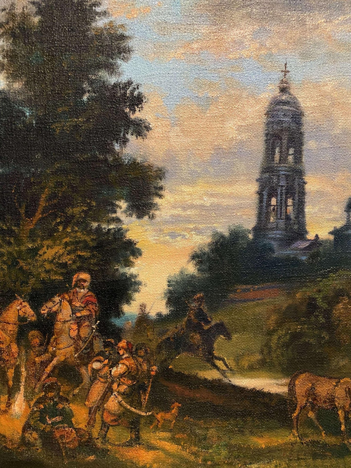 Oil painting of Cossacks at monastery by Litvinov, tall church tower