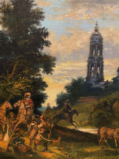 Oil painting of Cossacks at monastery by Litvinov, tall church tower