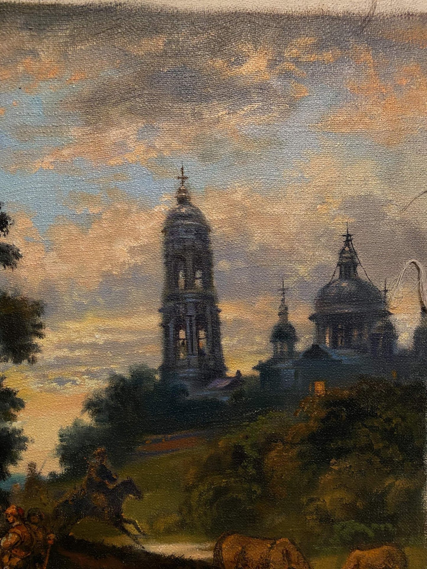 Oil painting of Cossacks at grand domed monastery church by Litvinov