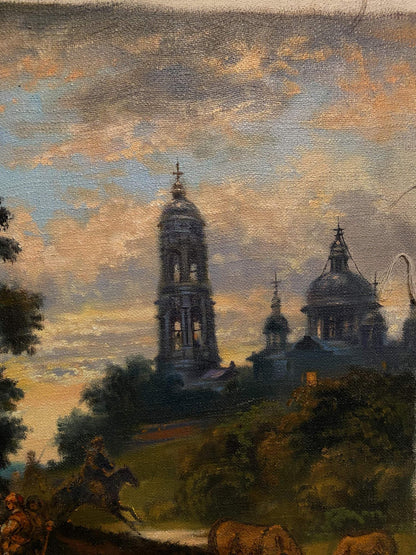Oil painting of Cossacks at grand domed monastery church by Litvinov